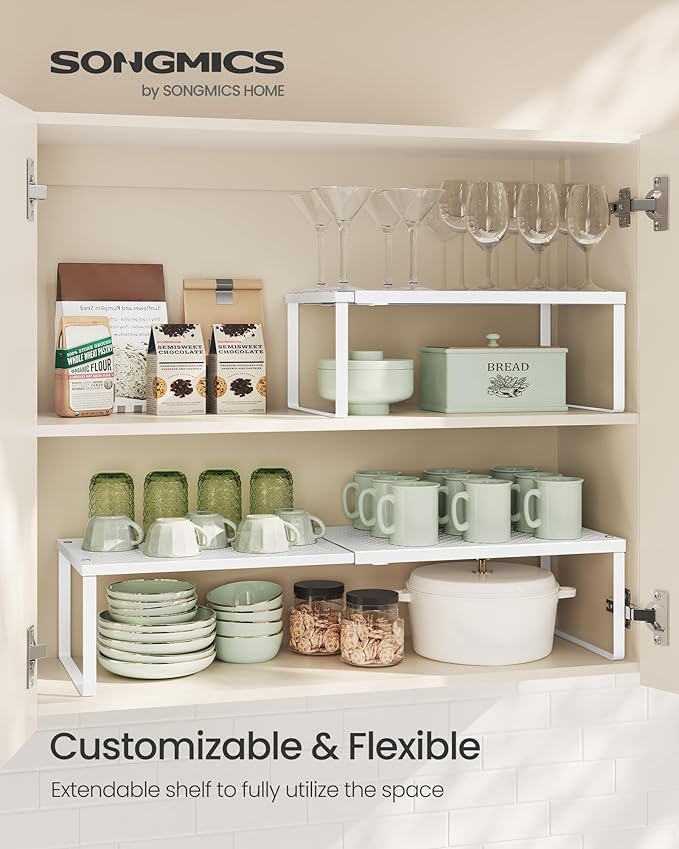 SONGMICS Set of 2 Expandable Pantry Kitchen Organizers, Adjustable Spice Rack, Stackable Cabinet Organizers, Metal, Space-Saving Tabletop Shelves, Matte White UKCS402W01