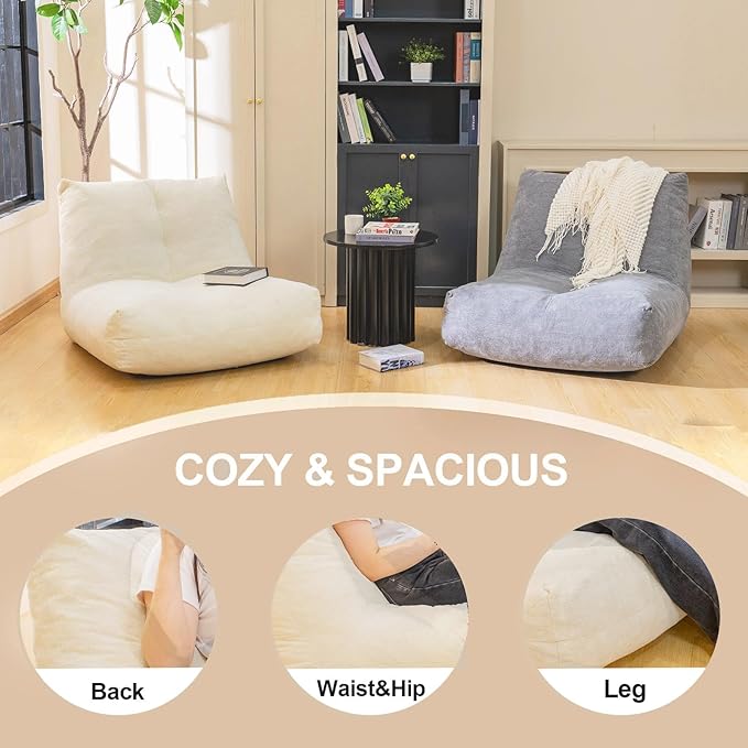 Bean Bag Chairs for Adults, Memory Foam Bean Bag Chair, Ergonomic Support Reading Floor Sofa Chair with Filler, Comfy Cozy Beanbag Couch for Bedroom Living Room （Beige Upgrade Sponge）
