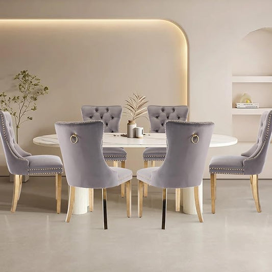 Velvet Upholstered Dining Chairs Set of 6, Modern Style Kitchen Side Chairs with Nailhead Trim and Gold Plated Leg, Metal Pulling Ring for Dining Room Living Room(Gery-Gold Plated Leg)