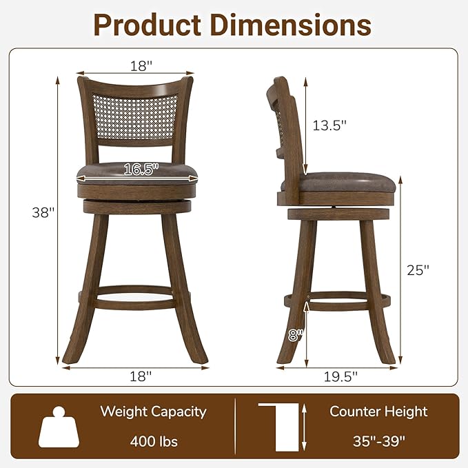 COSTWAY 25” Swivel Counter Height Barstools Set of 2, Rubber Wood Bar Stools with Rattan Backrest, Footrest, Upholstered Leathaire Armless Chairs for Kitchen Island, Pub, Brown (2, 25” Seat Height)