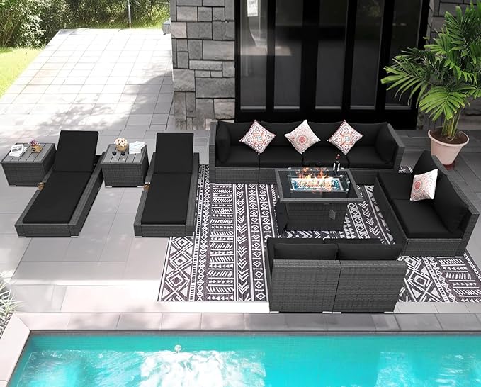 NICESOUL 13 Piece Outdoor Patio Furniture Set with Fire Pit, All-Weather Wicker Modular Outdoor Sectional with Chaise Lounge, Big Large 10-People Wide Deep Sitting Sofa for Backyard, Deck, Grey&Black