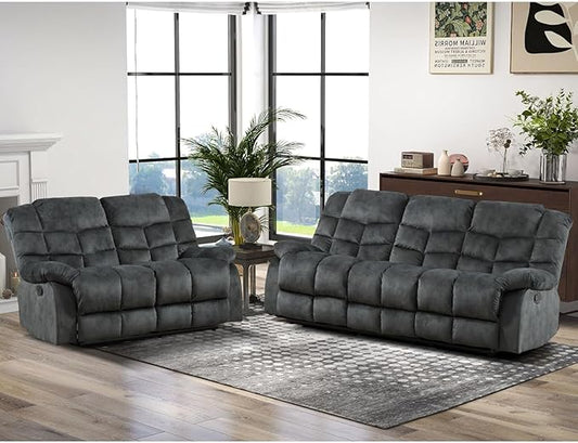 CANMOV Manual Recliner Sofa Set,2 Pieces Sofa Furniture Set for Living Room, Manual Reclining Loveseat and Recliner Sofa with Overstuffed Arms for Living Room, Bedroom, Grey(2+3)