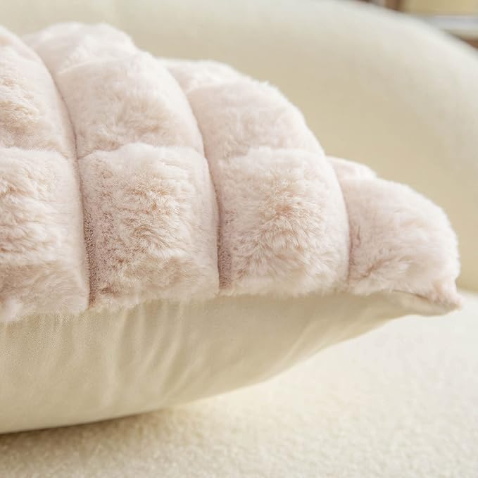 Neelvin Beige Faux Fur Cozy Soft Plaid Decorative Throw Pillow Covers 22x22 inch Set of 2,Velvet Pillowcase Cushion Case for Sofa Couch