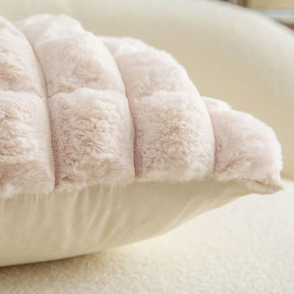 Neelvin Beige Faux Fur Cozy Soft Plaid Decorative Throw Pillow Covers 16x16 inch Set of 2,Velvet Pillowcase Cushion Case for Sofa Couch
