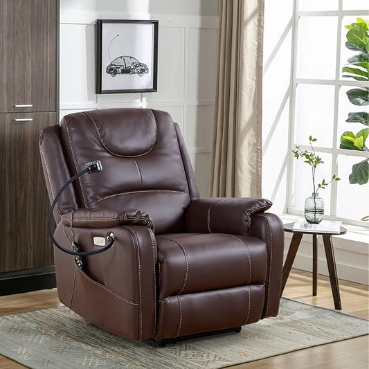 Zero Gravity Power Recliner Chairs for Adults 139°Single Sofa Chair Massage and Lumbar Heating with USB Port, Phone Holder, Side Pocket, Eco Leather(Brown)