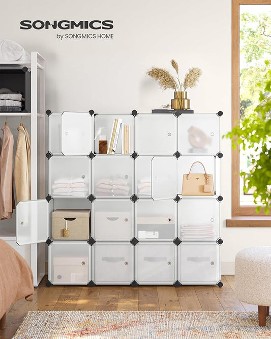 SONGMICS Cube Storage Organizer, Set of 16 Plastic Cubes, Closet Storage Shelves, DIY Plastic Closet Cabinet, Modular Bookcase, Shelving with Doors for Bedroom, Living Room, White ULPC44BSV1