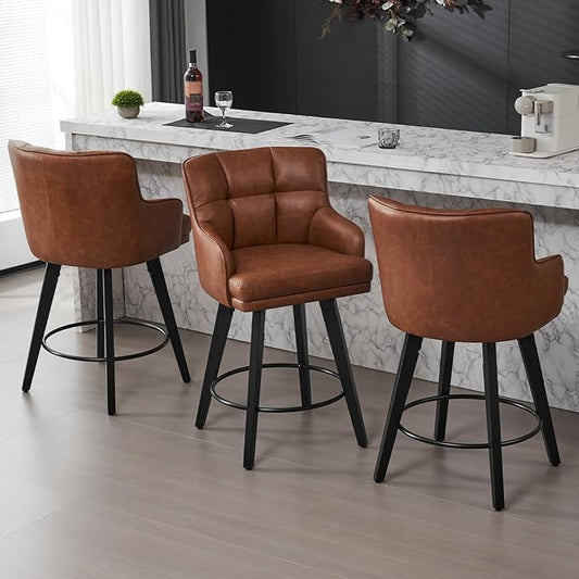 360°Swivel Counter Height Bar Stools with Back, 26 inch Solid Wood Legs, Bar Stool Modern Kitchen Island Chairs, Faux Leather (Brown- Faux Leather, 26" H- Set of 3)