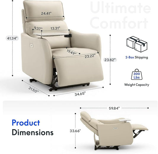 FLEXISPOT Lune Genuine Leather Power Recliner Chair with Tray Table & Adjustable Headrest, Real Leather Electric Recliner with USB & Type-C Charging Ports, Luxury Single Sofa for Living Room, Ceramic