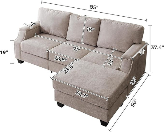 85" Sectional Couches with Storage Ottoman,L Shaped Couch with Armrest Organizer,3-Seater Sofa,Thick Cushions,Small Sofas for Living Room,Bedroom,Apartment,Chenille,Khaki