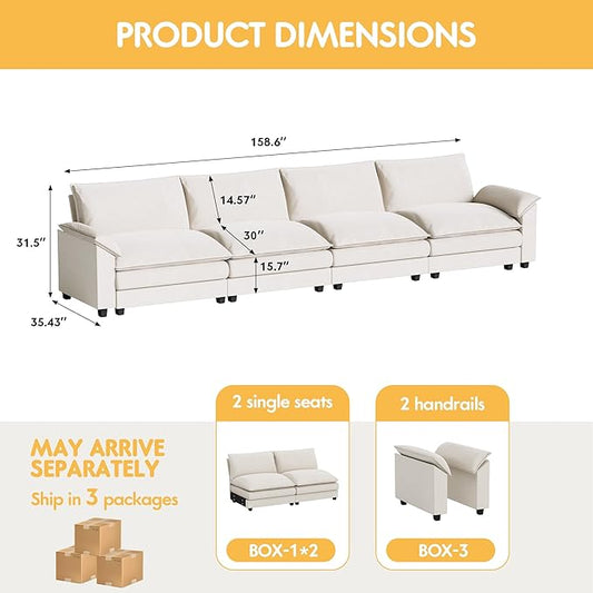 Homall 159" Modular Sectional Sofa, Linear Sofa Couch with Double-Layer Cushion, DIY Combination Chenille Deep 4-Seat Cloud Couch for Living Room, Apartment (White, Linear Sofa)
