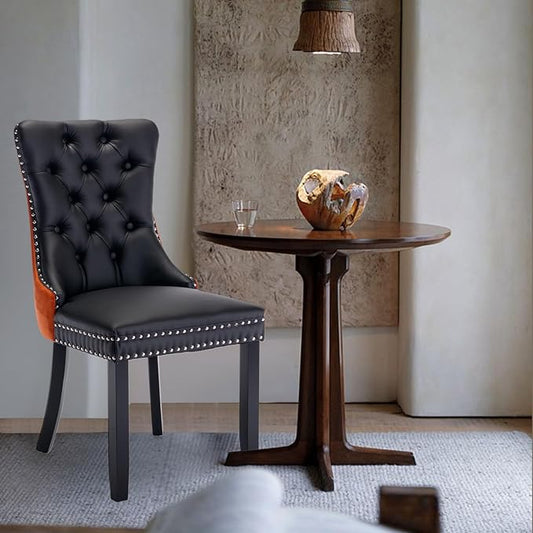 PU Upholstered Dining Chairs Set of 2, Modern Style Kitchen Side Chairs with Nailhead Trim and Wood Leg, Metal Pulling Ring for Dining Room Living Room(Black&Orange,Set of 2)