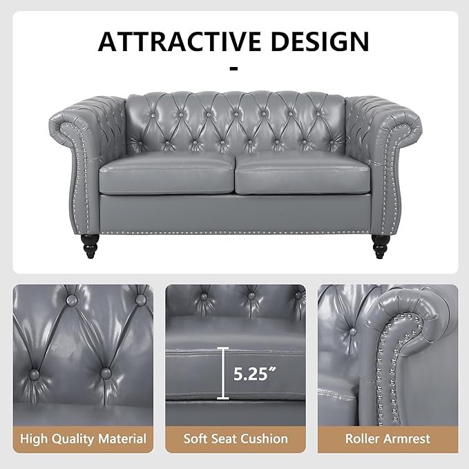Loveseat Sofa Couch, Modern PU Leather Upholstered Sofa, Oversized Comfy 2 Seater Love Seat Couch with Cushions, Mid Century Tufted Chesterfield Sofa for Living Room, Bedroom, Apartment (Grey)