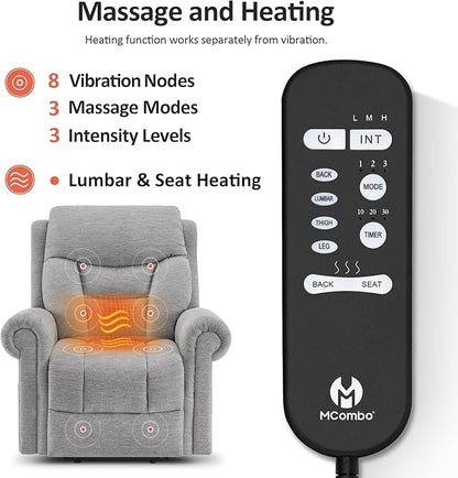 MCombo Triple Motor Power Lift Recliner Chair with Massage and Lumbar and seat Heating, Rolled Arms, Adjustable Headrest for Elderly People, Fabric 7888 (Grey, Medium)