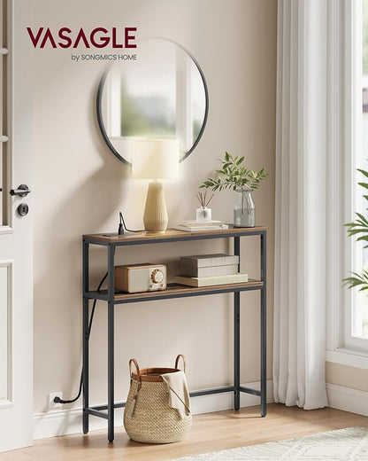 VASAGLE Console Table with Power Outlet, 2-Tier Narrow Sofa Table with 2 Shelves, 7.9 x 31.5 x 31.5 Inches, for Living Room, Hallway, Entryway, Rustic Brown and Ink Black ULNT135K01