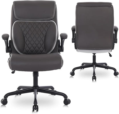 Youhauchair Executive Office Chair, Ergonomic PU Leather Computer Desk Chair with Lumbar Support, Flip-up Armrests and Adjustable Height, for Home Office, Brown