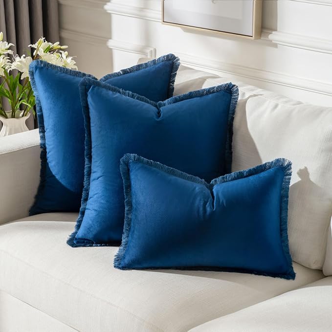 FUTEI Navy Blue Velvet Decorative Throw Pillow Covers 18x18 Set of 2,Soft Cozy Edge with Tassels Cushion Case,Boho Modern Home Decor for Couch Bed Living Room