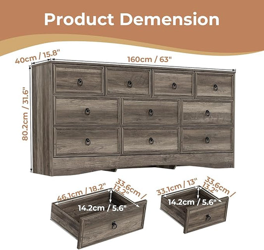 Farmhouse 10 Drawer Dresser for Bedroom – 63'' Long Dresser Wood Chest of Drawers,TV Stand for 75 inch TV, Storage Organizer Furniture, Hallway, Entryway, Closet, Brownish Grey