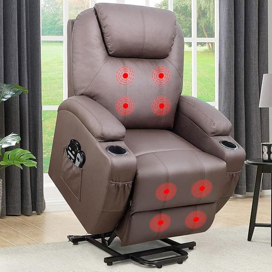 Flamaker Power Lift Recliner Chair Electric Lift Recliner for Elderly Power Lift Recliner Chair with Cup Holders Side Pockets for Living Room (Leather, Brown)
