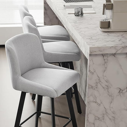 Swivel Bar Stools Set of 3, 30''H Upholstered Barstools with Backs, Modern Counter Height Bar Stool Chairs for Kitchen Island, Metal Legs, Fabric, Light Gray Counter Stools