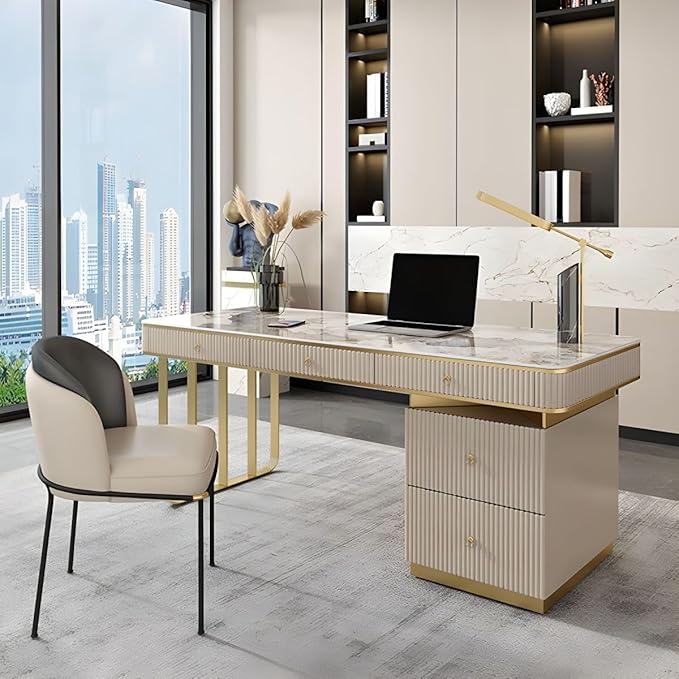 RUNNUP Stone top Computer Desk with 5 Drawers, Rectangular Home Computer Desk Writing Desk, Modern Executive Desk, Without Chairs, Black, 63" L x 23.5" W x 29.5" H