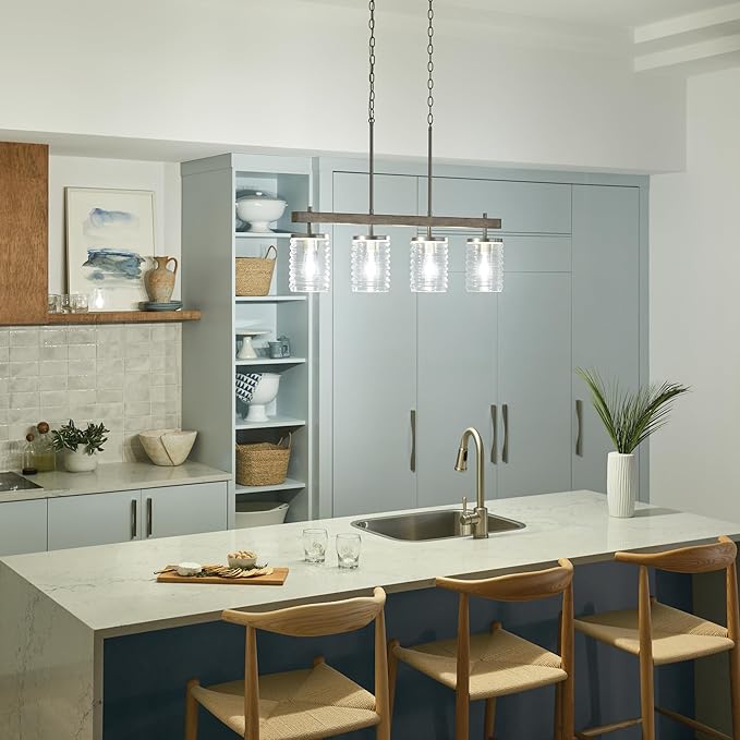 KICHLER Maritime 4-Light Linear Chandelier in a Classic Brushed Nickel Finish with a Clear Horizontal Ribbed Glass Shade, 82399