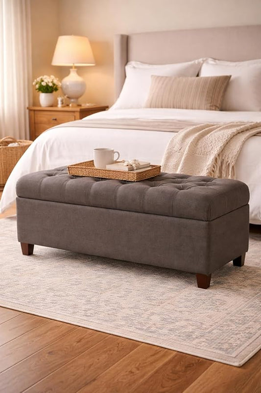 Homepop Home Decor | Tufted Ainsley Button Storage Ottoman Bench with Hinged Lid | Ottoman Bench with Storage for Living Room & Bedroom, Charcoal Gray 18x40x18 inches