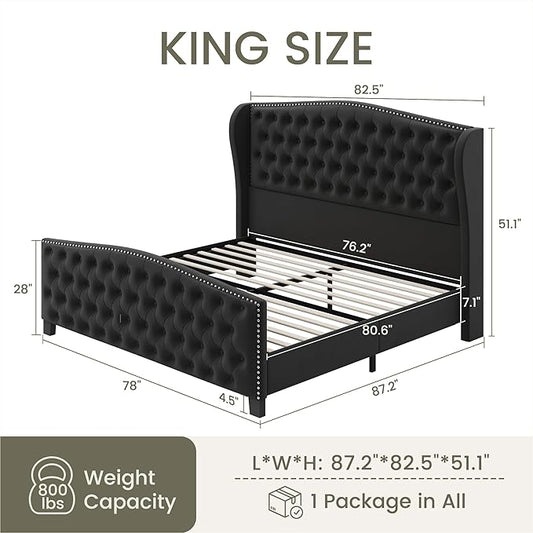 LARMACE King Size Bed Frame Velvet Upholstered Platform Bed with Wingback Headboard & Footbaord, Deep Button Tufted Bed Frame with Wood Slats Support, No Box Spring Needed, Black