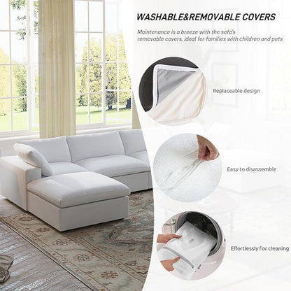 Cloud Couch Modular Sectional Sofa with Storage Ottoman,160.6" L Shaped Couch for Living Room,Down Filled 5 Seater White Convertible Sectional Sofas,Covers Washable&Replaceable