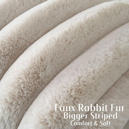 FUTEI Beige Decorative Throw Pillow Covers 26x26 Inch Set of 2, Square Soft Faux Rabbit Fur Thick Striped Euro Pillow Shams,Winter Home Decor for Couch Bed Living Room
