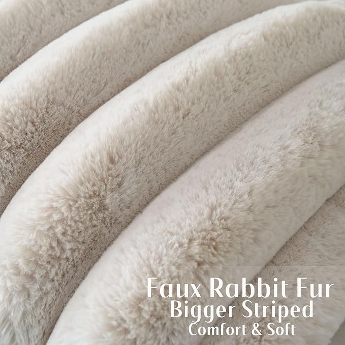 FUTEI Beige Decorative Throw Pillow Covers 12x20 Inch Set of 2, Square Soft Faux Rabbit Fur Thick Striped Lumbar Pillow Case,Winter Home Decor for Couch Bed Living Room