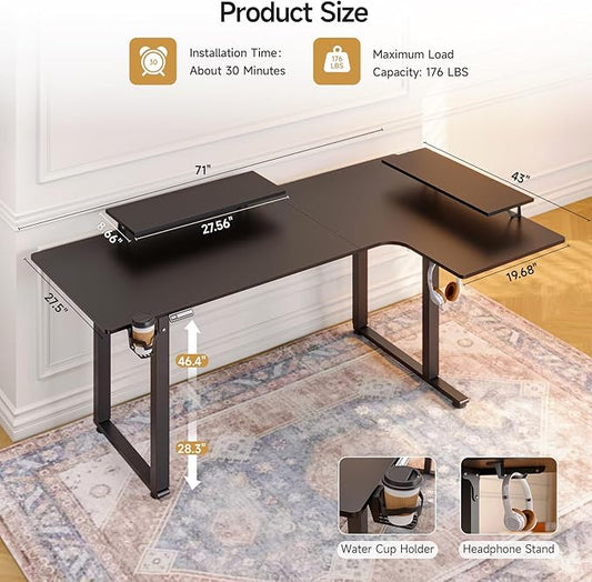 L Shaped Standing Desk, 71x43'' Electric L Stand Up Desk with 2 Adjustable Monitor Shelves, Dual Motor and Memory Controller, Adjustable Height from 28-46'' for Home and Computer Workstation, Black