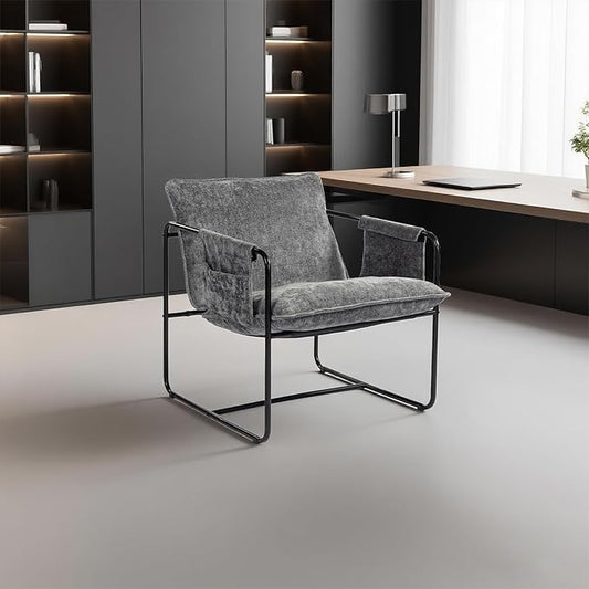 Modern Accent Chair Set of 2 Comfortable Living Room Chairs with Armrests, Bedroom Reading Chair, Chenille Upholstered Lounge Metal Chair