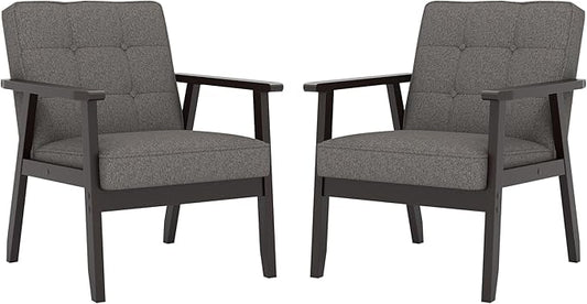 Modern Accent Chair with Arm Rest Set of 2, Upholstered Linen Fabric Leisure Chair Comfy Side Chair with Backrest Button and Wooden Frame for Living Room Bedroom Reading(Gray)