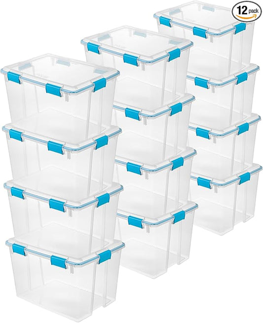 Sterilite 12-Pack Gasket Box, Weather-Resistant Storage Bins with Latching Lids, 80 Quart - Heavy-Duty Organizing Containers for Closet, Bathroom, and Office