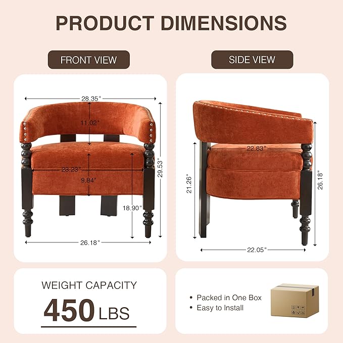 LOULENS Barrel Accent Chair, Vintage Chenille Upholstered Lounge Chair with Solid Wood Legs, Comfy Leisure Side Armchair for Living Room, Bedroom, Reading Nook, Corner, Orange
