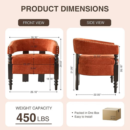 LOULENS Barrel Accent Chair, Vintage Chenille Upholstered Lounge Chair with Solid Wood Legs, Comfy Leisure Side Armchair for Living Room, Bedroom, Reading Nook, Corner, Orange