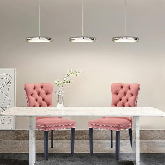 Velvet Upholstered Dining Chairs Set of 2, Modern Style Kitchen Side Chairs with Nailhead Trim and Wood Legs,Metal Pulling Ring for Dining Room Living Room(Pink,Set of 2)