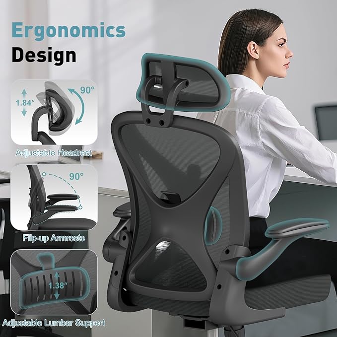 ZZH Ergonomic Office Chair Set of 2 with Adjustable Lumbar Support and Headrest, Mesh Home Office Desk Chair with Wheels and Flip-up Arms, Black