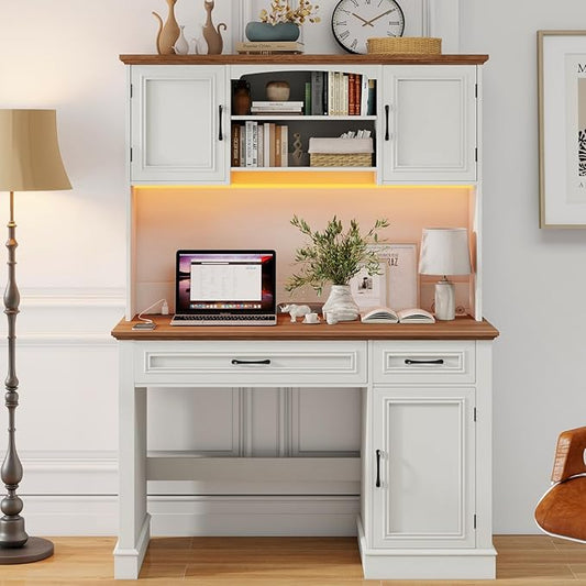 Vabches Farmhouse 47" Executive Desk with Hutch, 2 Drawers and LED Light, Computer Desk with Storage Cabinet and Charging Station,Workstation for Home Office and Study.Unique White
