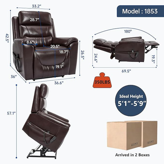 Power Lift Recliner Chair for Elderly People, Dual Motor Lay Flat Recliner with Vibration Massage and Heat, Heavy Duty Motion Mechanism Standing Assistance Reclining Chair, Faux Leather Red Brown