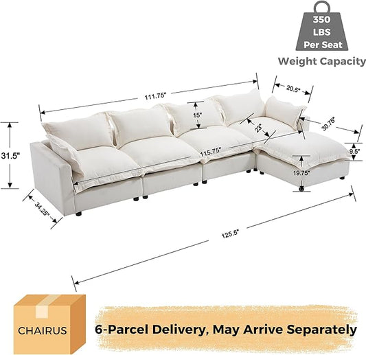 chairus 126" Modular Sectional Sofa with Moveable Ottoman Upholstered Deep Seat Linen Couch Set with Soft Pillows L-Shape Sofa Couch for Living Room, Apartment, Reception Room, 4-Seater/White