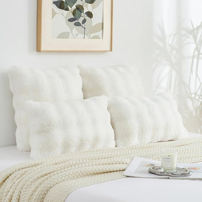 FUTEI Cream White Decorative Throw Pillow Covers 26x26 Inch Set of 2,Soft Fuzzy Faux Rabbit Fur Euro Pillow Shams with Raised Texture,Neutral Boho Home Decor for Couch Bed Living Room