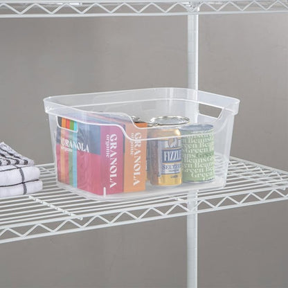 Sterilite 7 x 11 x 14.25 Inch Polished Open Scoop Front Storage Bin with Comfortable Carry Through Handles for Household Organization, Clear (12 Pack)