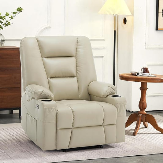 MCombo Oversized Power Lift Recliner Chair with Massage and Heat for Big and Tall Elderly People, Cup Holders, USB Ports, Side Pockets, Faux Leather R7541 (Beige, Large-Oversize)