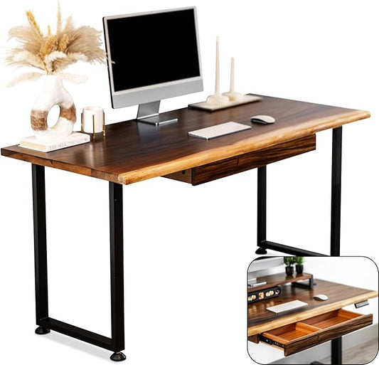 Solid Walnut Wood Computer Desk with Drawer– Live Edge Wooden Home Office Desks with Sturdy Metal Legs – Handmade Real Wood Table for Work, Study, or Gaming - 60” x 27”