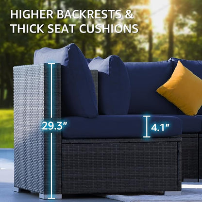 NICESOUL 6 Piece Modern Wicker Patio Furniture Set with Firepit Natural Gas/Propane, 29.3'' High-Back Deep Wide Seat Outdoor Conversation for Backyard, Oversized Sofa Couch, 2 Color Cushion Navy&Gray