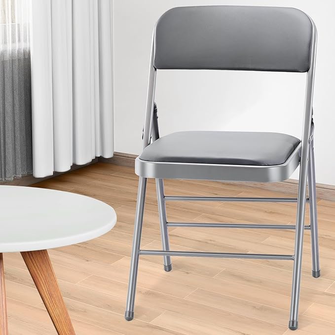 cyclone sound 4 Pack Folding Chairs with PU Padded Cushion and Back, Commercial Grade Metal Chairs with Comfortable PU Leather Cushion for Home and Office, for Indoor and Outdoor Events (4, Gray-PU)