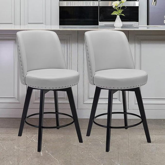 MINCETA Bar Stools Set of 2, PU Leather Barstools, 26 Inch Upholstered Counter Stools with High Back and Footrest, Swivel Counter Height Barstools for Kitchen Island Home Bar Light Gray