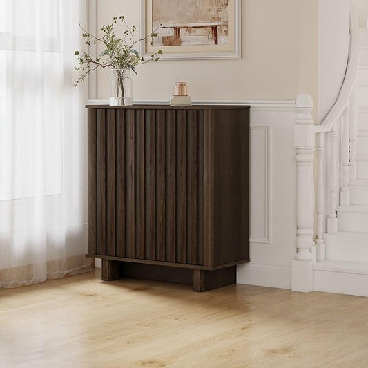 Walnut Storage Cabinet Set, Freestanding Floor Cabinet 23.6” Farmhouse Sideboard with 2 Fluted Doors Wooden Buffet Cabinet Media Console Table Credenza for Living Room Dining Room Hallway, Singe