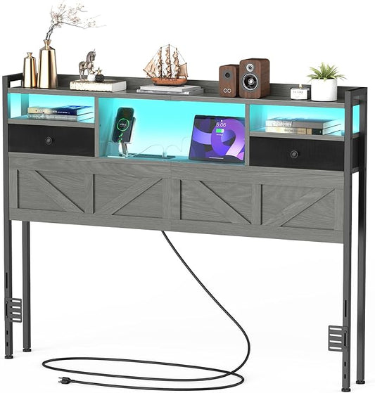 Queen Size Headboard with Drawers, Outlets & USB Ports,Sturdy Wood Bed Frame with Adjustable Height, Built-in LED Lighting (Grey, Queen 59 * 7.08 * 45.7)